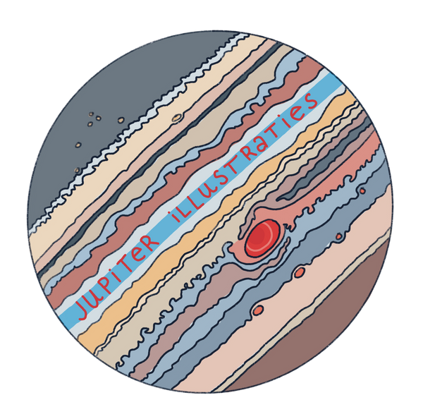 een illustratie van de planeet Jupiter, met de tekst "Jupiter Illustraties" erop geschreven